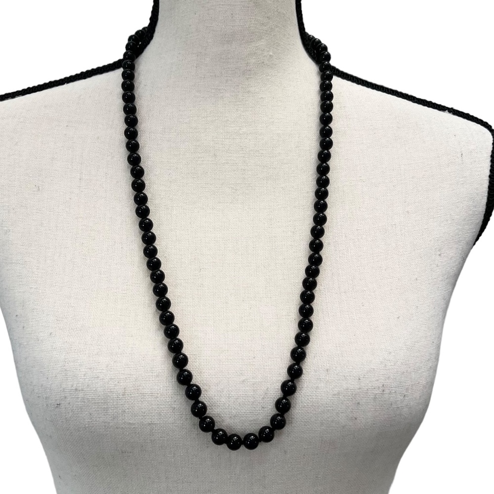 VINTAGE PREMIER DESIGNS CROWN BLACK BEAD NECKLACE WITH GOLD TONE CLASP - 29"L